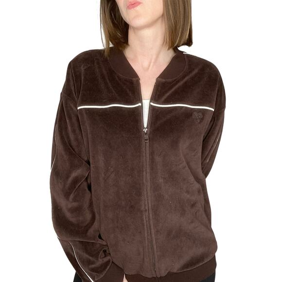 Aritizia TNA Brown Velour Velvet White Piping Zip-up Track Jacket Medium - Picture 1 of 7